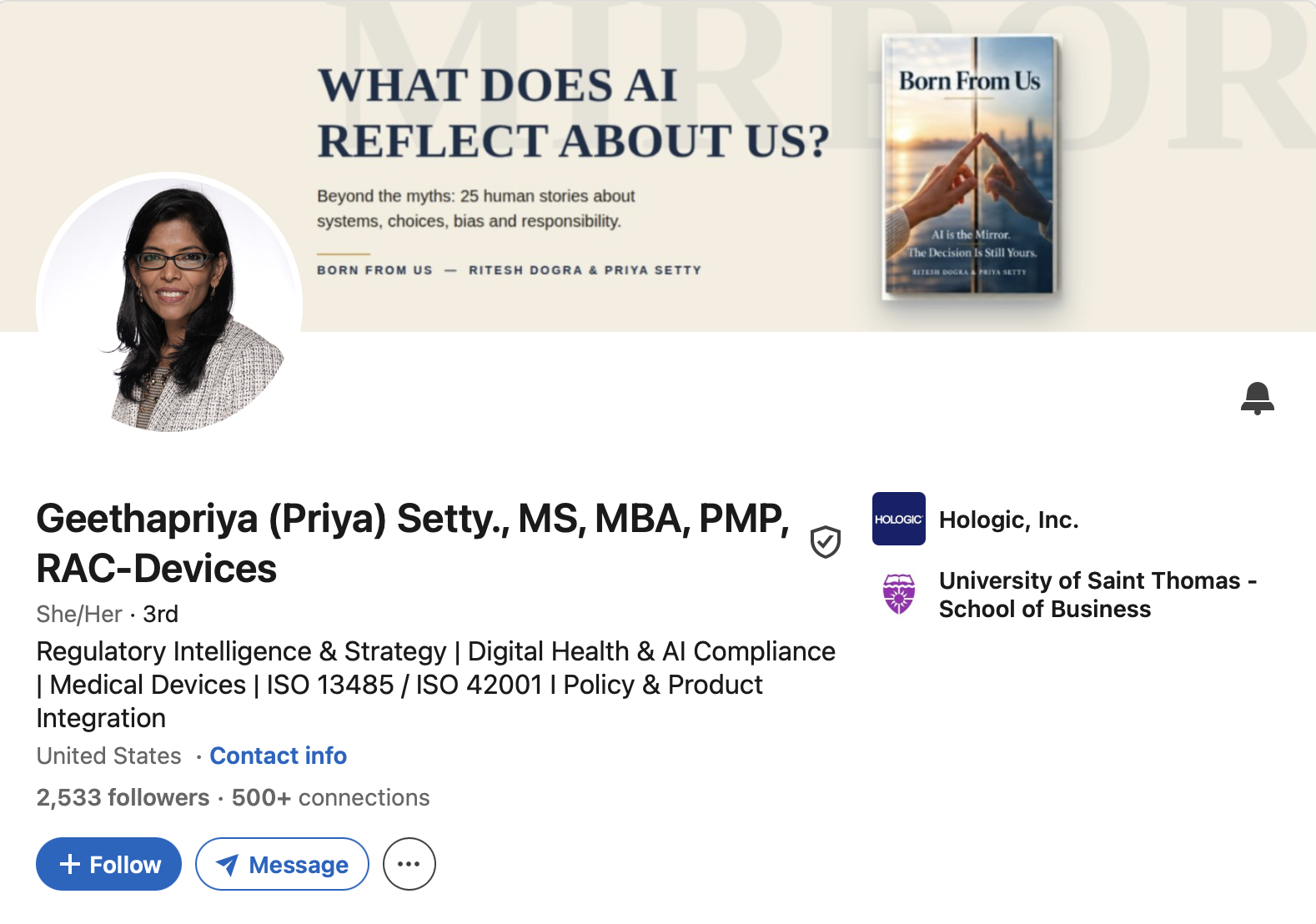 Priya Setty's supplied LinkedIn profile screenshot; opens LinkedIn